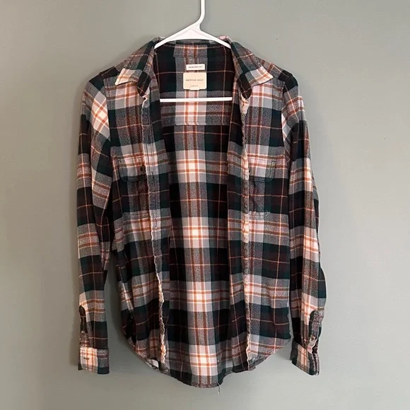 American Eagle Outfitters Men's Casual Plaid Shirt - Green, White, Gold - Picture 1 of 4